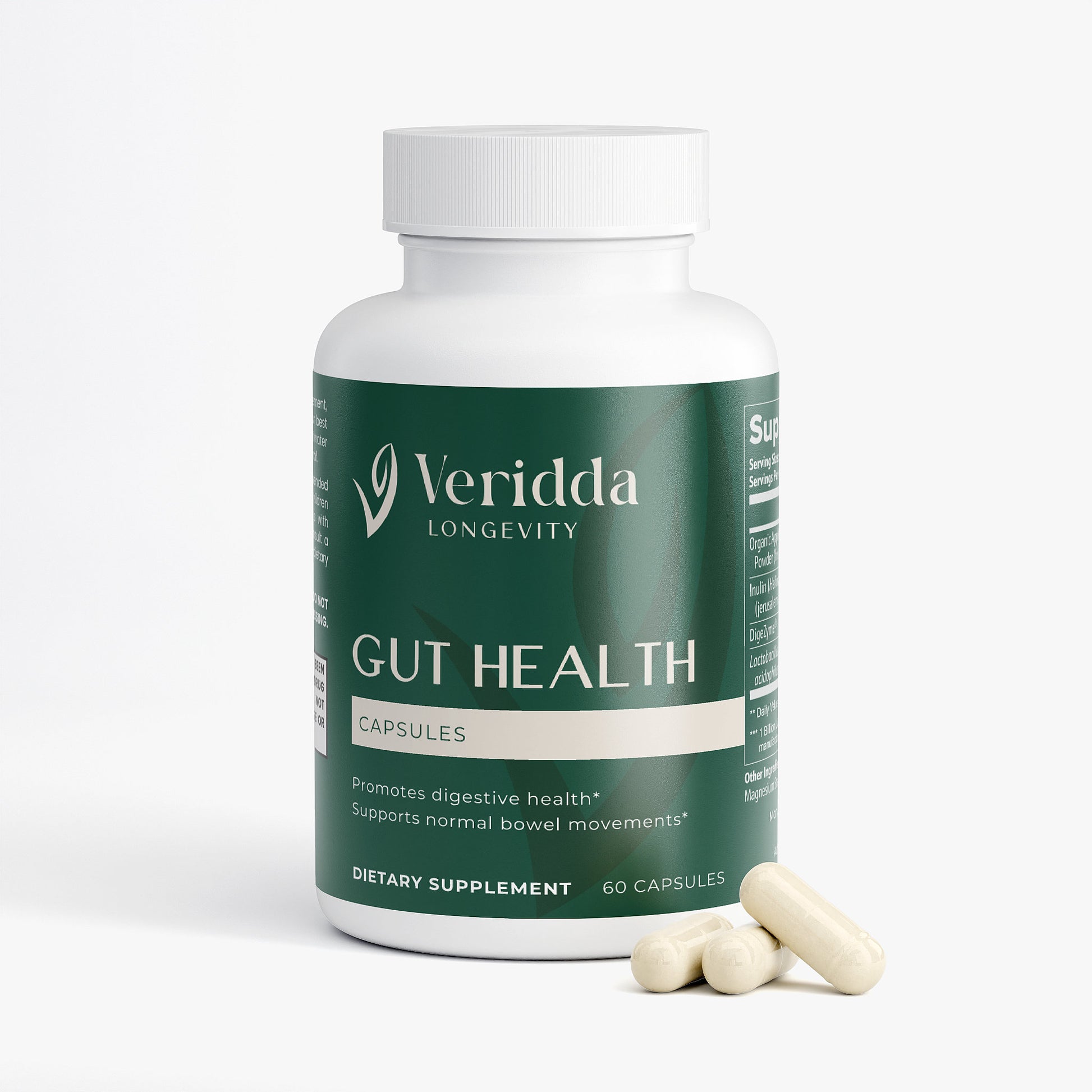 Veridda Longevity Gut Health Probiotic supplement bottle with capsules on a white background