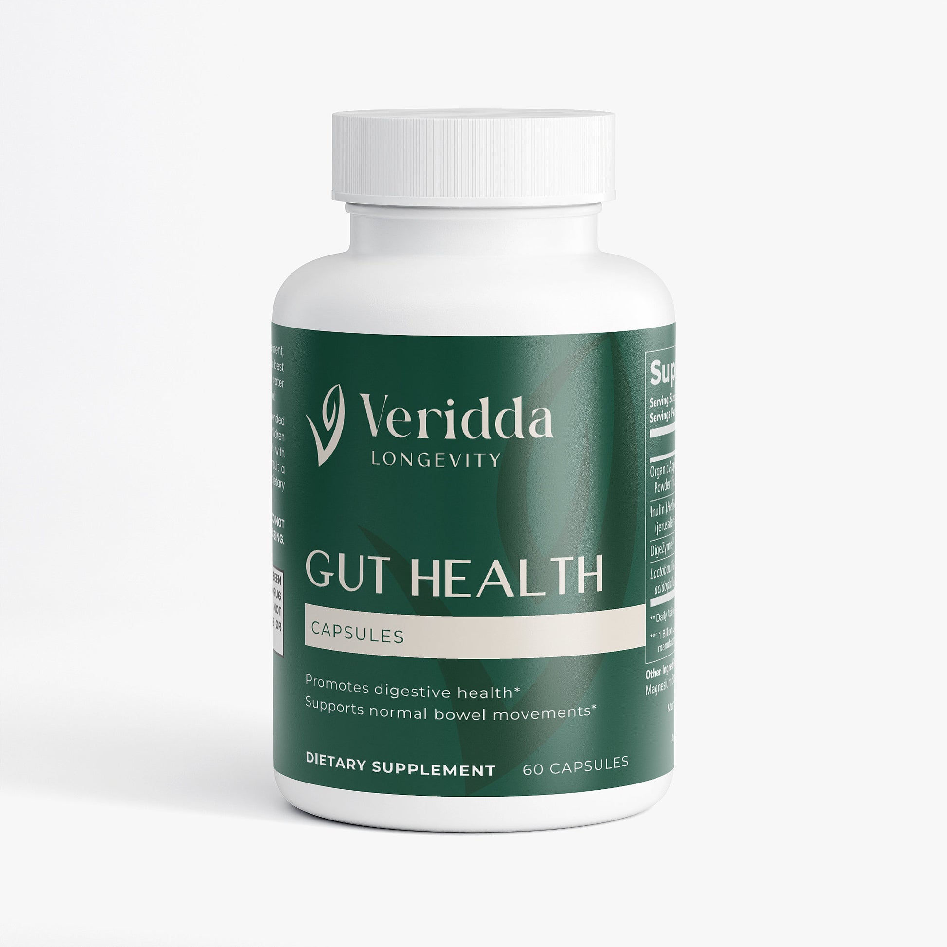 Veridda Longevity Gut Health probiotic supplement bottle on a white background